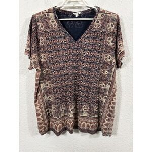Lucky Brand Shirt Womens 2X Blue Boho Floral Paisley V Neck Short Sleeve Top
